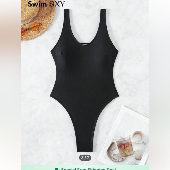 NWOT SHEIN BLACK THONG ONE PIECE SWIMSUIT - Picture 1 of 7